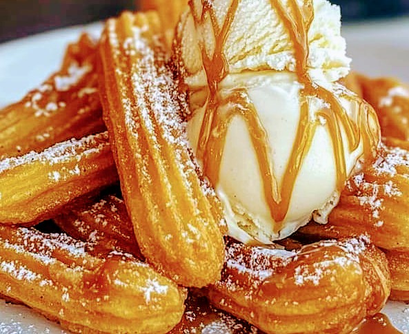 Churros with Vanilla Ice Cream & Caramel Drizzle